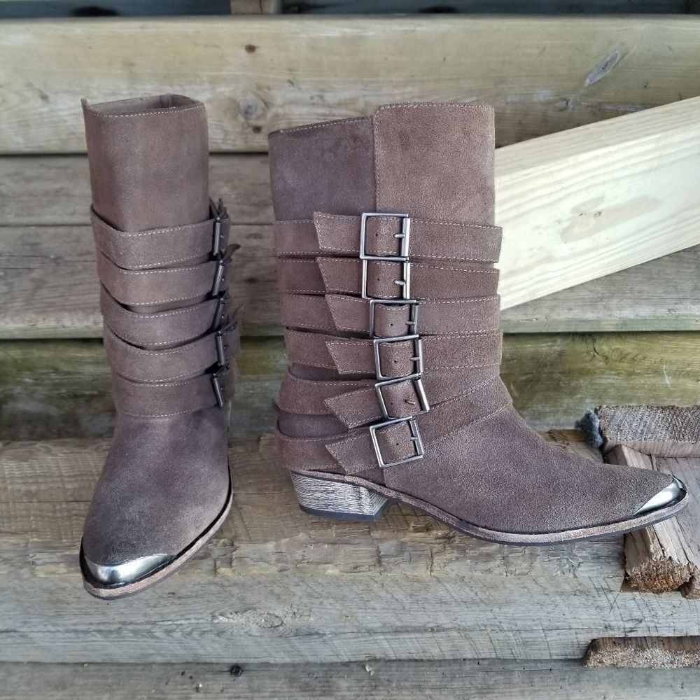 Anthropologie Splendid Pico Brown Suede Leather Buckle Boots Woman's 7.5‎